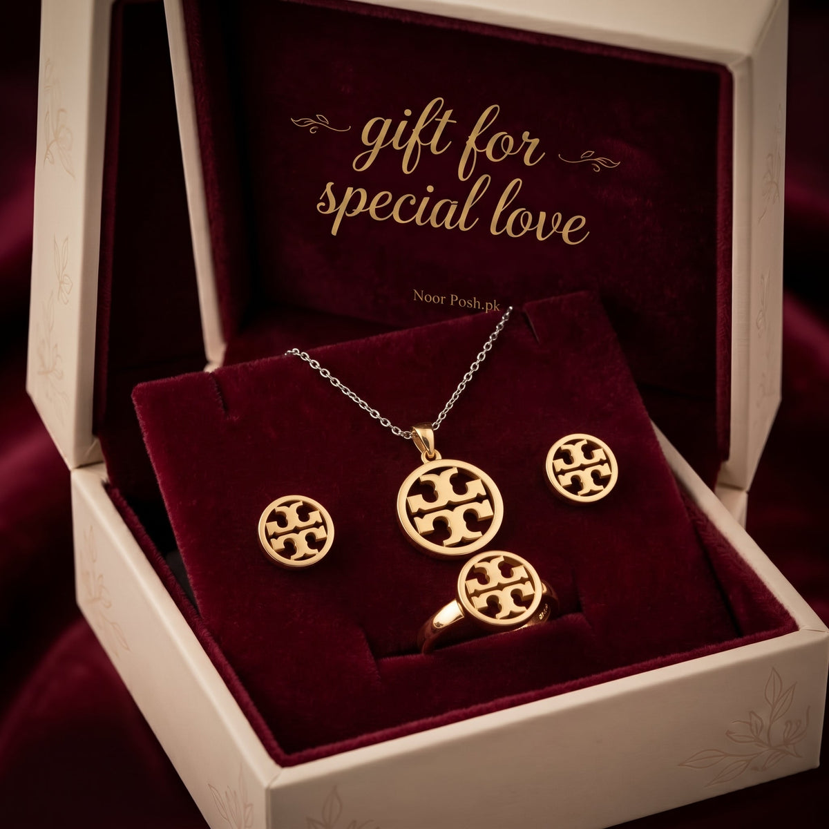 Anti-Tarnish Gold Circular Monogram 4-Piece Jewellery Set – noorposh.pk