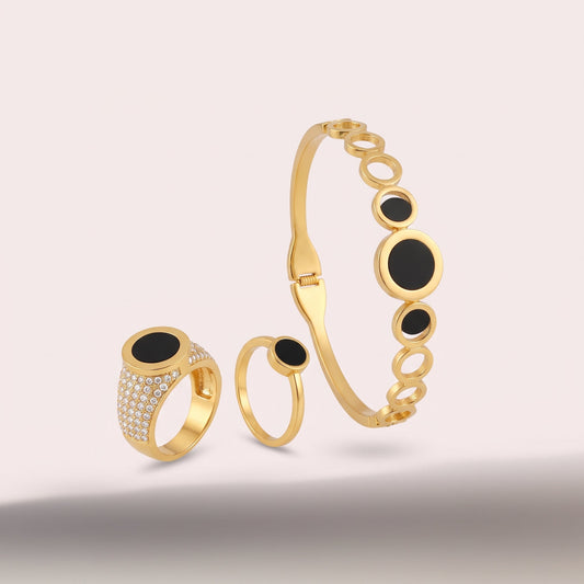 Black Enamel Gold-Plated Hand Cuff & Ring Set