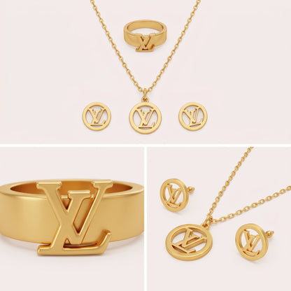 Luxury Gold-Plated Designer Logo Pendant Necklace, Earrings & Ring Complete Set | NoorPosh.pk