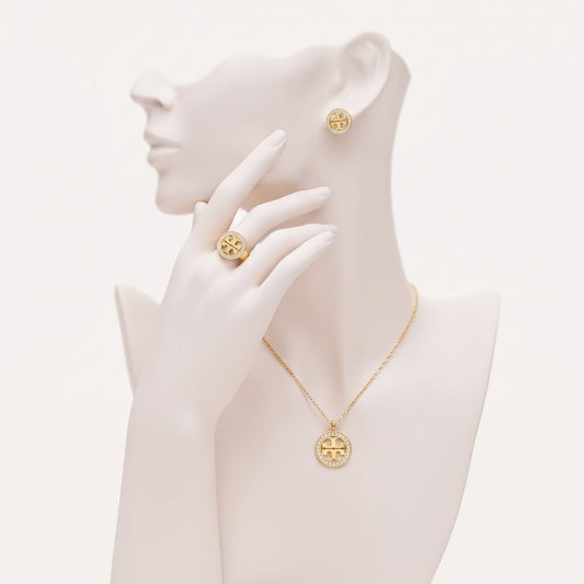 NoorPosh.pk Designer T-Logo Anti-Tarnish Golden Necklace, Earrings & Ring Set – Luxury Daily Wear Jewellery