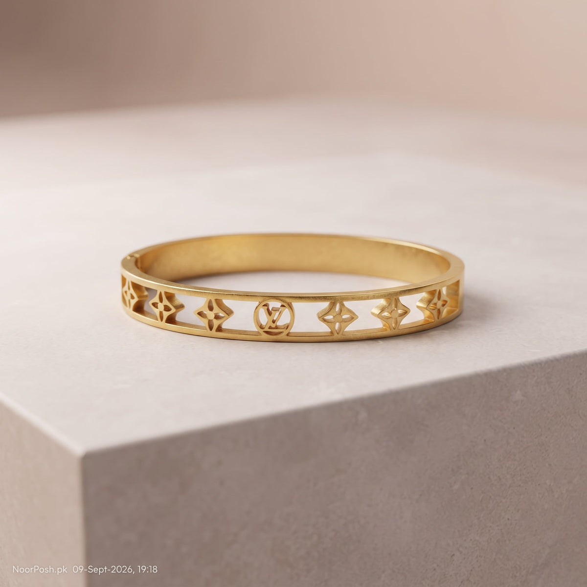 Luxury Monogram Cutout Golden Bangle Bracelet | noorposh.pk