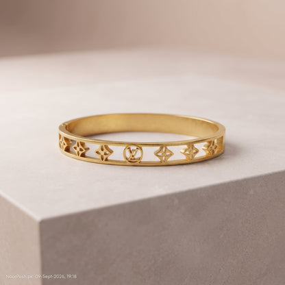 Luxury Monogram Cutout Golden Bangle Bracelet | noorposh.pk