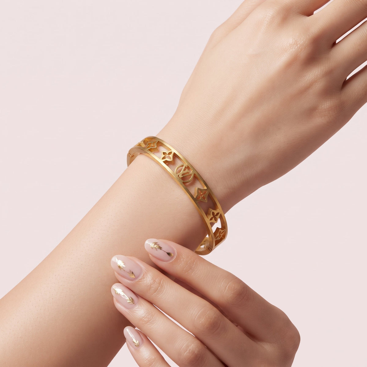 Luxury Monogram Cutout Golden Bangle Bracelet | noorposh.pk