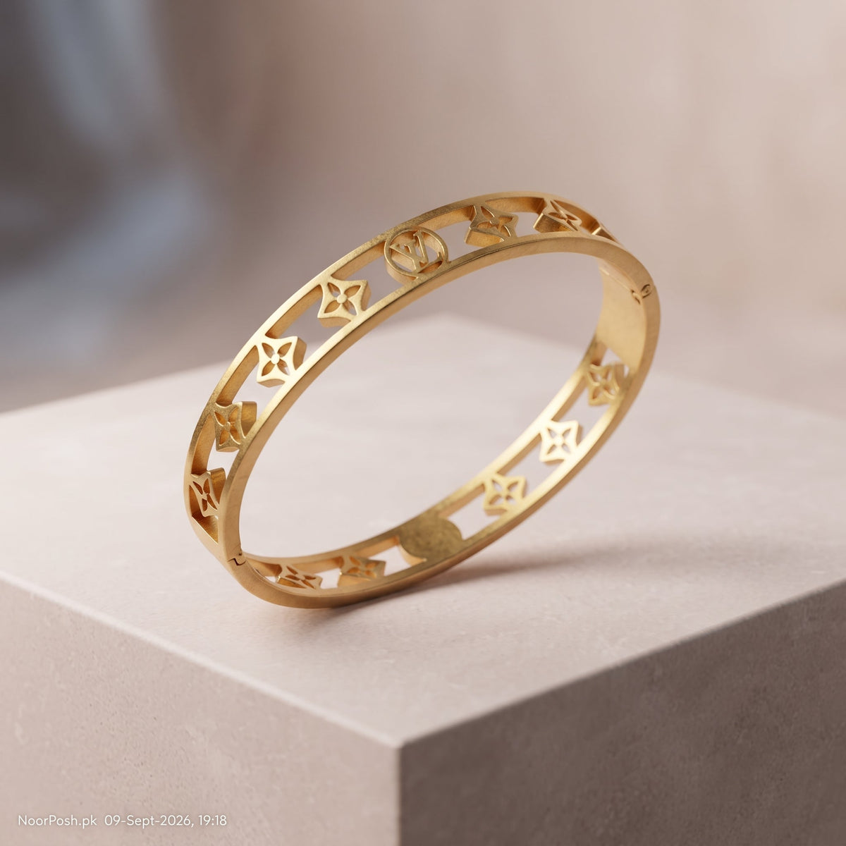 Luxury Monogram Cutout Golden Bangle Bracelet | noorposh.pk
