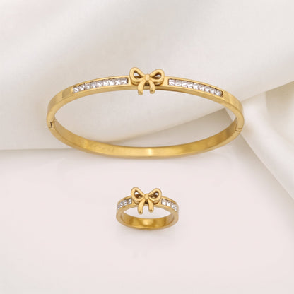 Bow Charm Crystal Golden Bangle & Ring Set