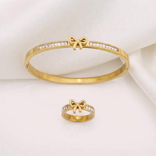 Bow Charm Crystal Golden Bangle & Ring Set