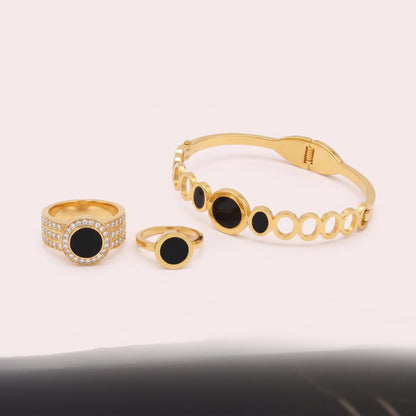 Black Enamel Gold-Plated Hand Cuff & Ring Set