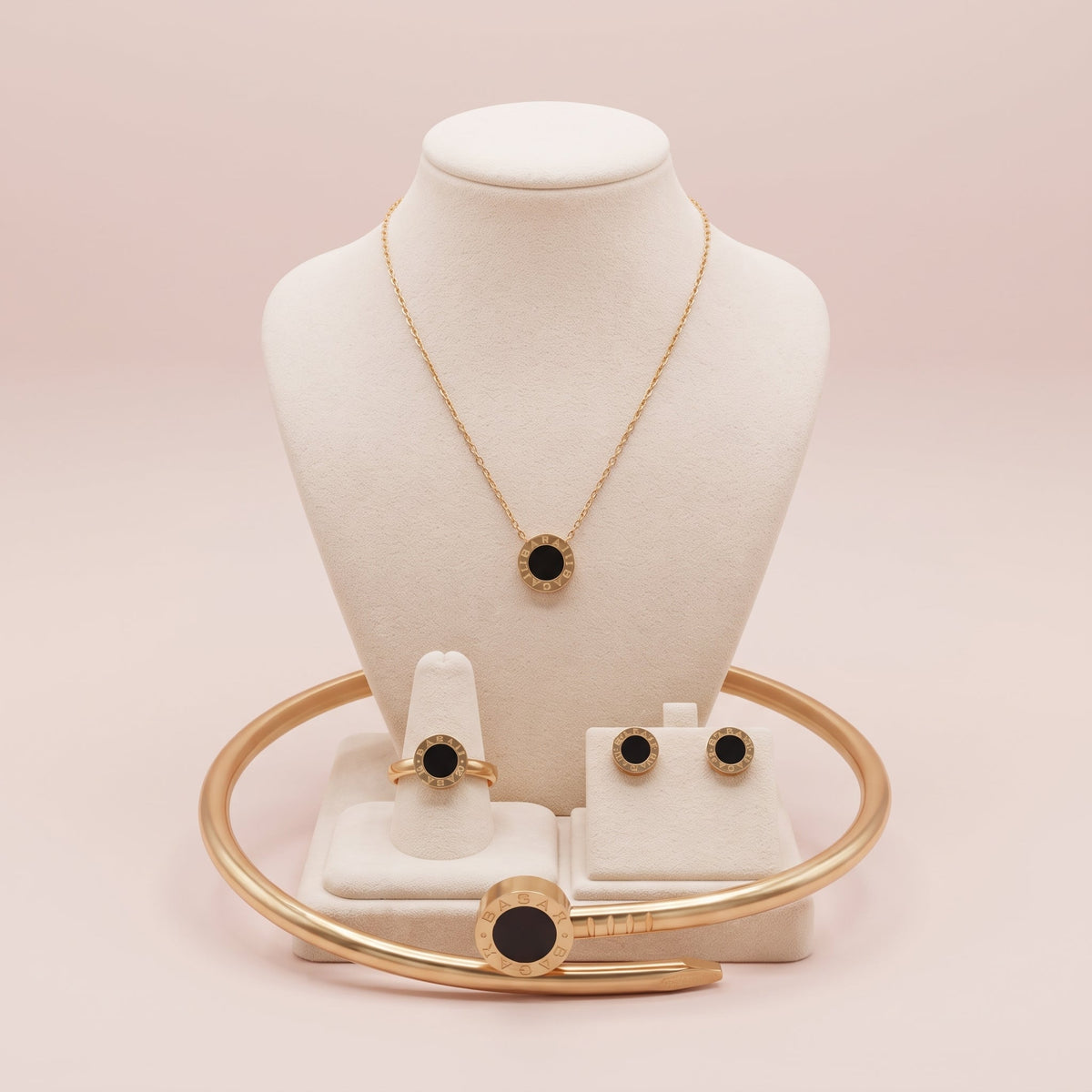 NoorPosh.pk Premium Black & Gold Stainless Steel Complete Jewelry Set – Luxury Necklace, Ear Studs, Ring & Hand Cuff