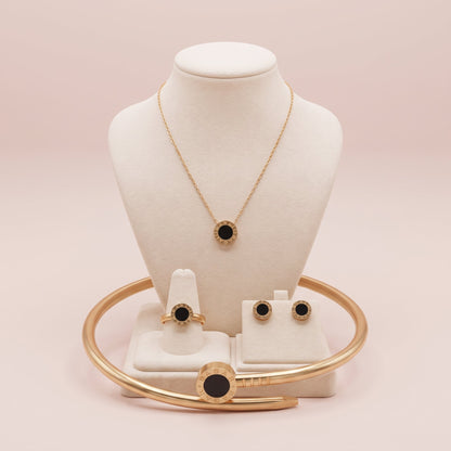 NoorPosh.pk Premium Black & Gold Stainless Steel Complete Jewelry Set – Luxury Necklace, Ear Studs, Ring & Hand Cuff