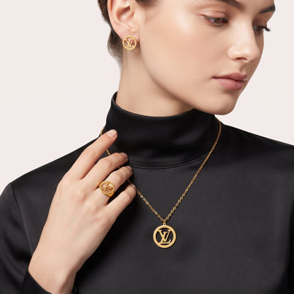 Luxury Gold-Plated Designer Logo Pendant Necklace, Earrings & Ring Complete Set | NoorPosh.pk