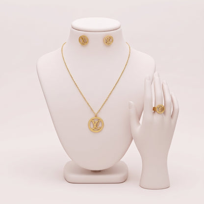 Luxury Gold-Plated Designer Logo Pendant Necklace, Earrings & Ring Complete Set | NoorPosh.pk