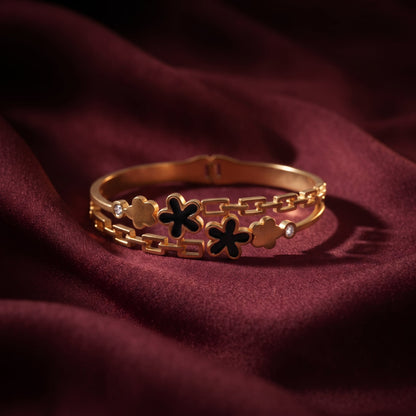 Dual Flower Chain Link Golden Bangle Bracelet | noorposh.pk