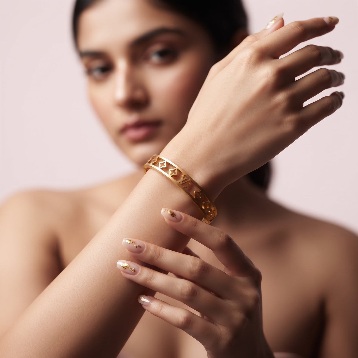 Luxury Monogram Cutout Golden Bangle Bracelet | noorposh.pk