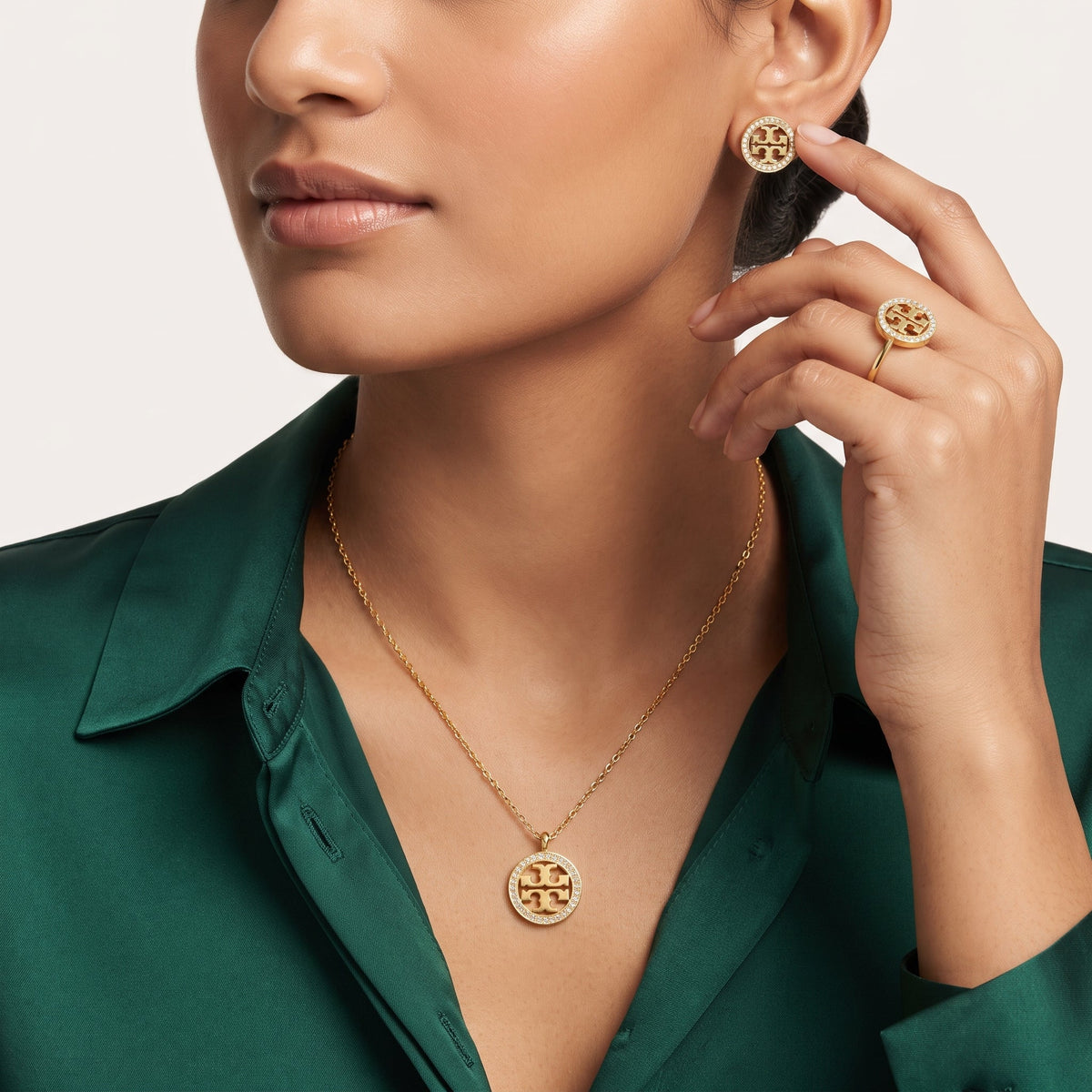 NoorPosh.pk Designer T-Logo Anti-Tarnish Golden Necklace, Earrings & Ring Set – Luxury Daily Wear Jewellery