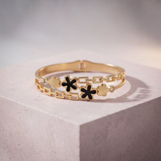 Dual Flower Chain Link Golden Bangle Bracelet | noorposh.pk