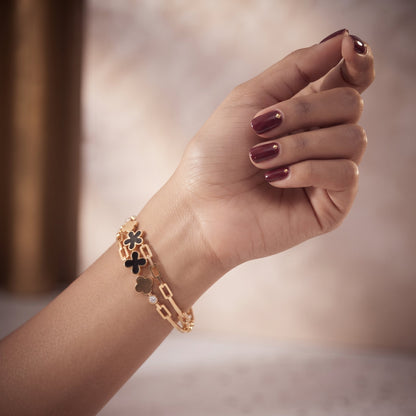 Dual Flower Chain Link Golden Bangle Bracelet | noorposh.pk