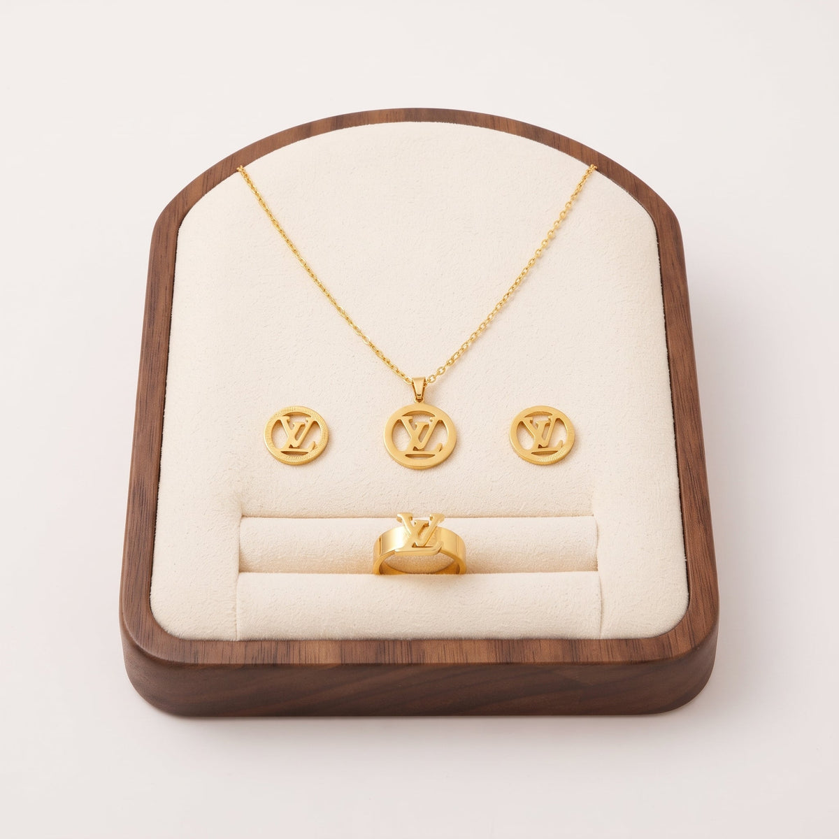 Luxury Gold-Plated Designer Logo Pendant Necklace, Earrings & Ring Complete Set | NoorPosh.pk