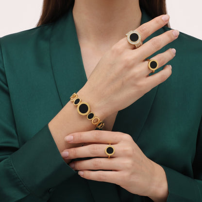 Black Enamel Gold-Plated Hand Cuff & Ring Set