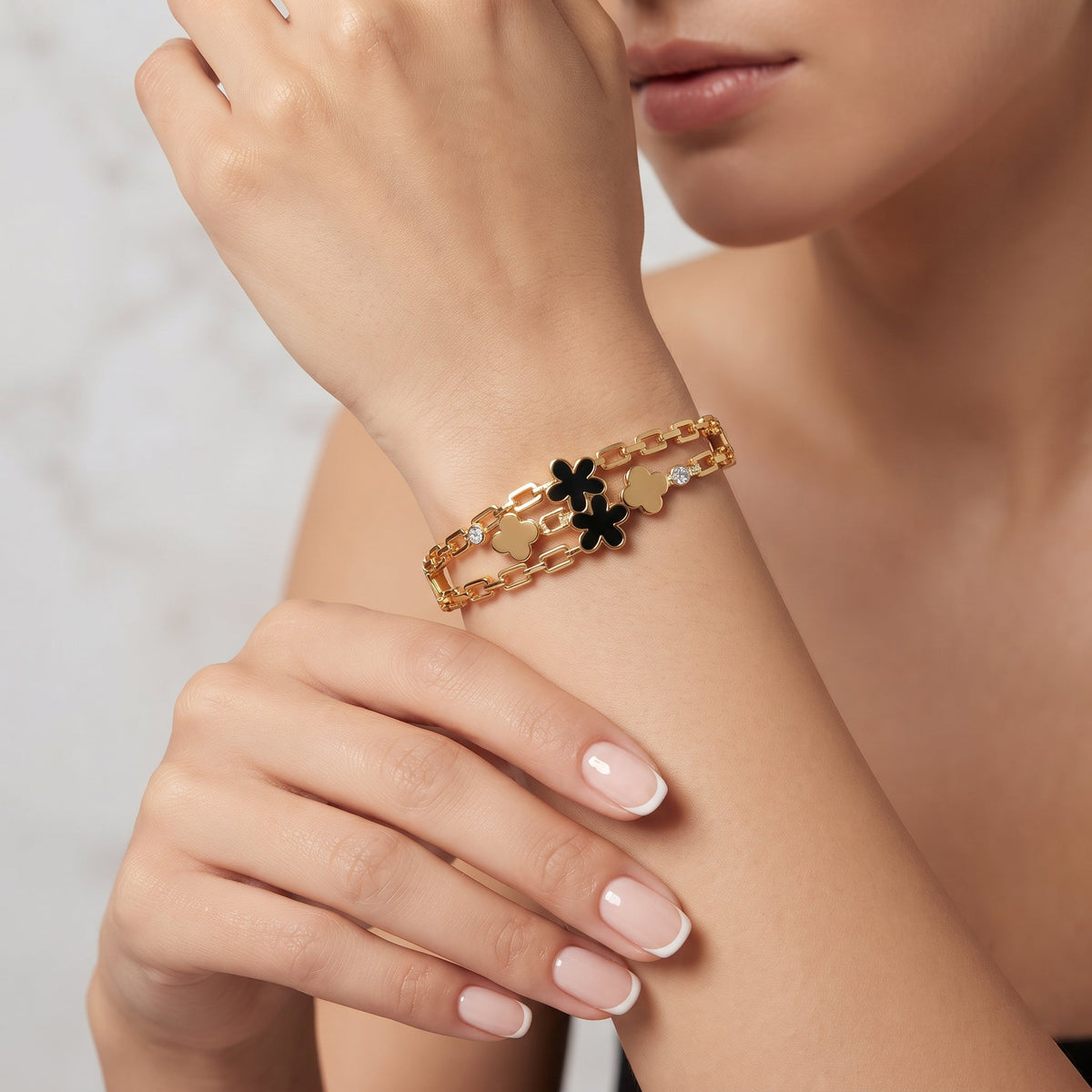 Dual Flower Chain Link Golden Bangle Bracelet | noorposh.pk