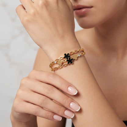 Dual Flower Chain Link Golden Bangle Bracelet | noorposh.pk