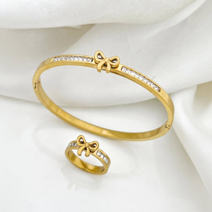 Bow Charm Crystal Golden Bangle & Ring Set