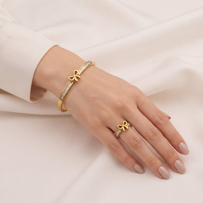 Bow Charm Crystal Golden Bangle & Ring Set