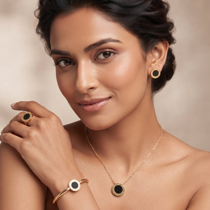 NoorPosh.pk Premium Black & Gold Stainless Steel Complete Jewelry Set – Luxury Necklace, Ear Studs, Ring & Hand Cuff