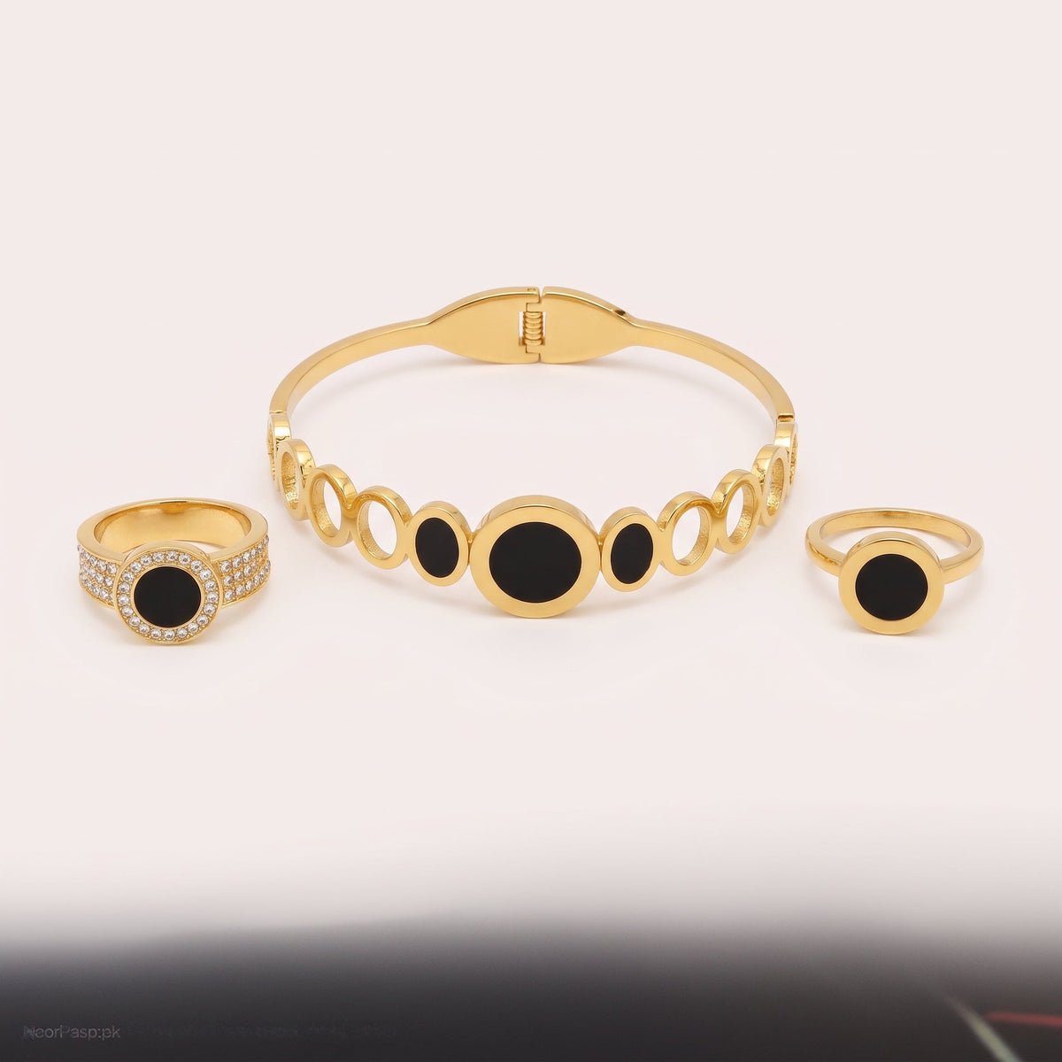 Black Enamel Gold-Plated Hand Cuff & Ring Set
