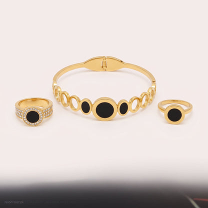 Black Enamel Gold-Plated Hand Cuff & Ring Set