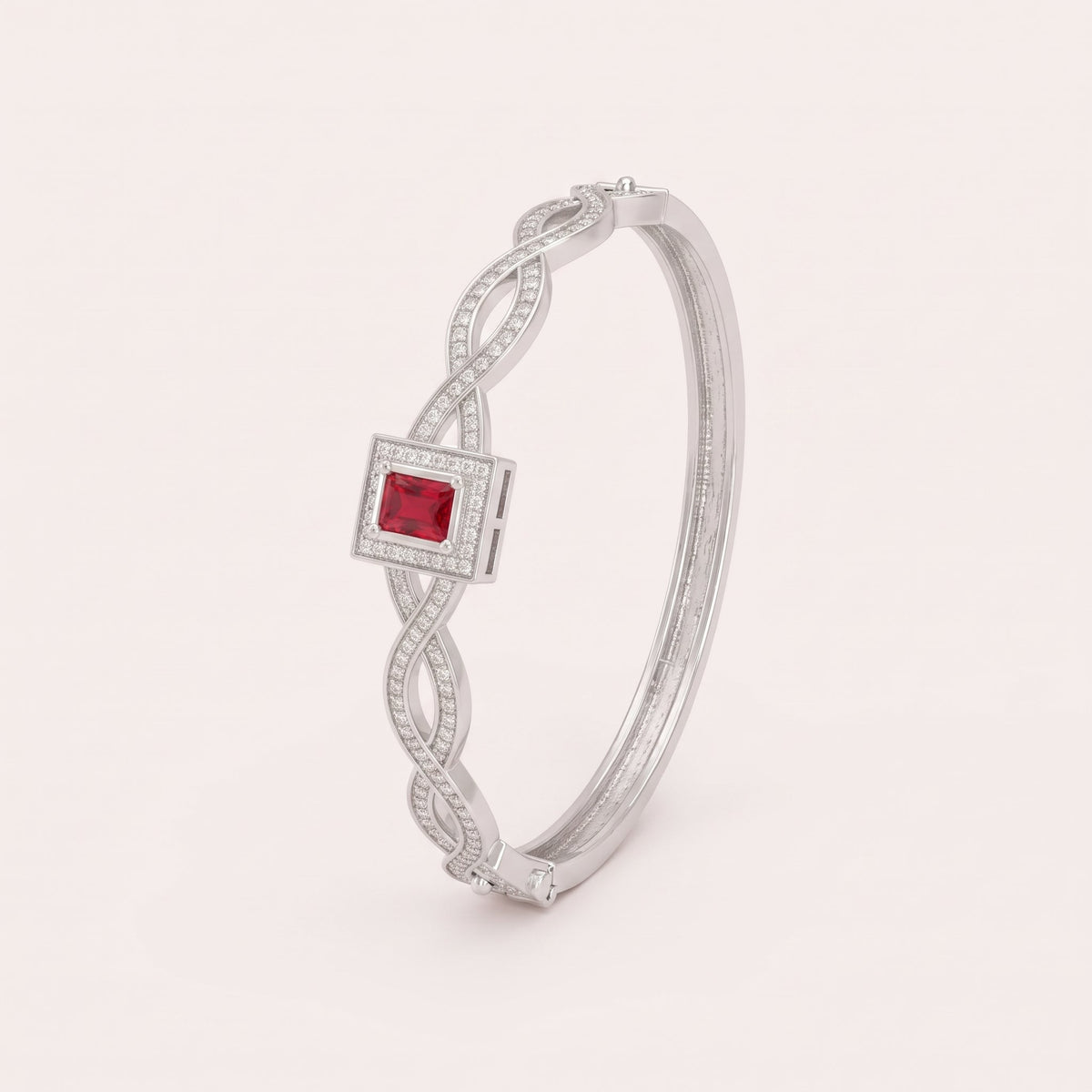 Silver Twisted Designer Bangle with Red Crystal Stone | noorposh.pk