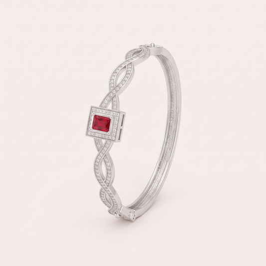 Silver Twisted Designer Bangle with Red Crystal Stone | noorposh.pk