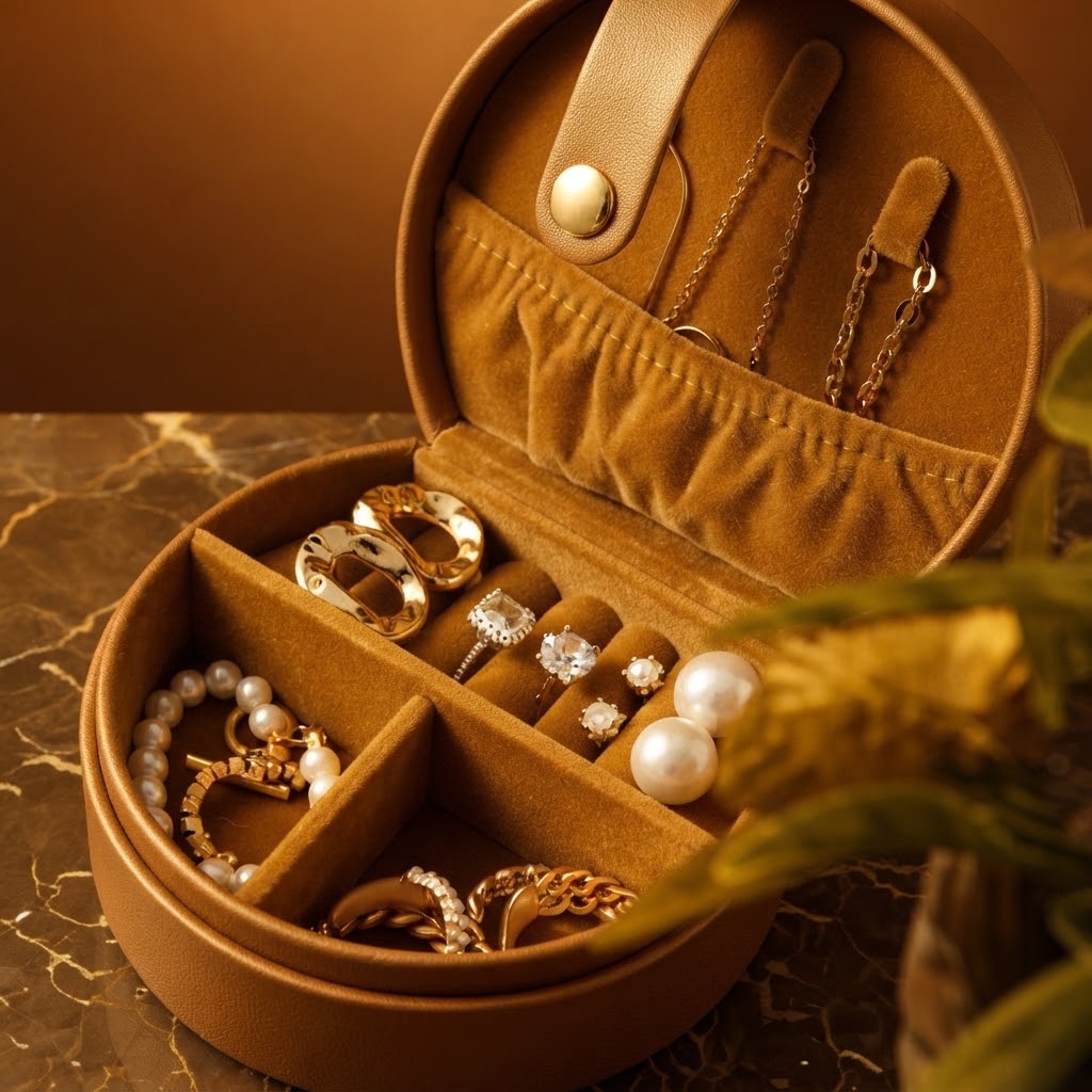 Noor Posh Round Luxury Velvet Travel Jewelry Box & Organizer