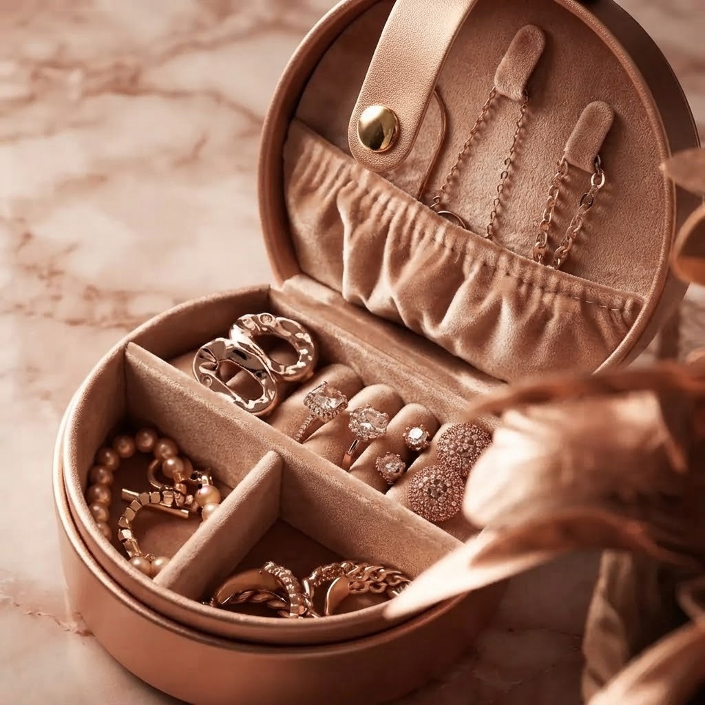 Noor Posh Round Luxury Velvet Travel Jewelry Box & Organizer
