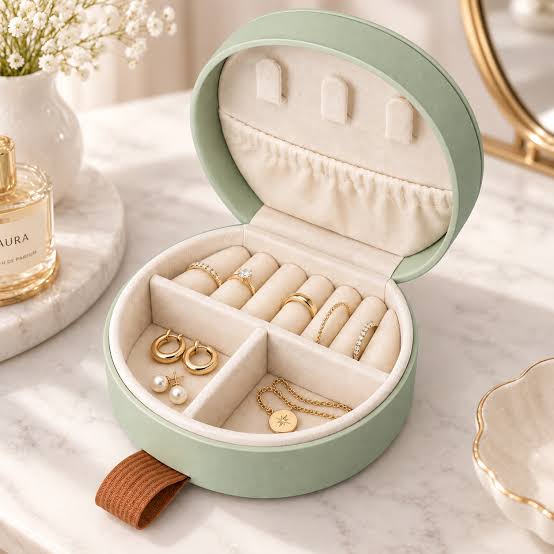 Noor Posh Round Luxury Velvet Travel Jewelry Box & Organizer